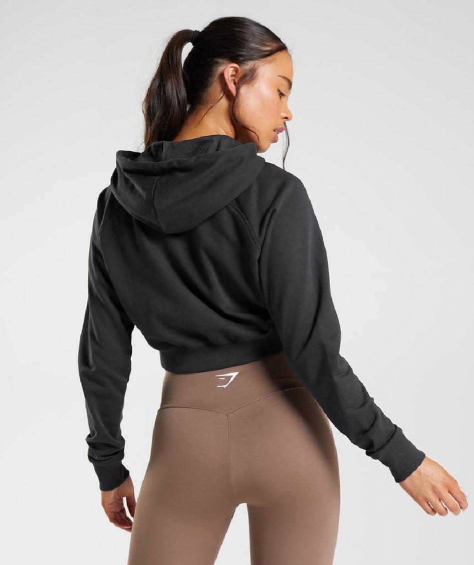 Bluzy Z Kapturem Damskie Gymshark Treningowe Cropped Czarne | PL 2749CTV